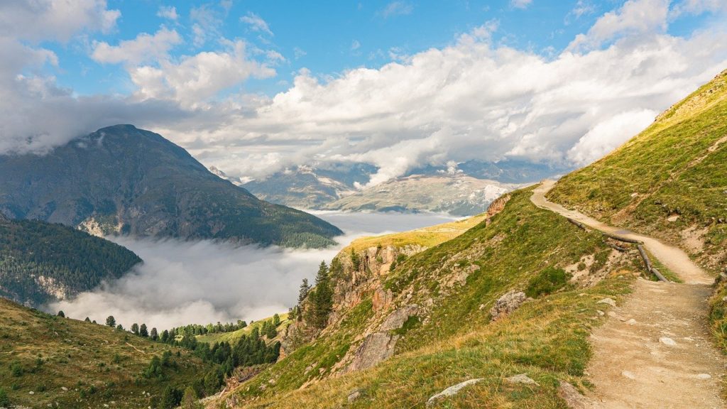 mountains, trail, clouds